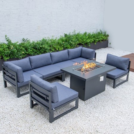 LEISUREMOD Chelsea 7-Piece Patio Sectional And Fire Pit Table Black Aluminum With Blue Cushions CSFBL-7BU